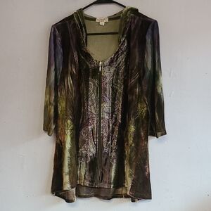 Women's XL large One World olive green purple full zip jacket velour hooded